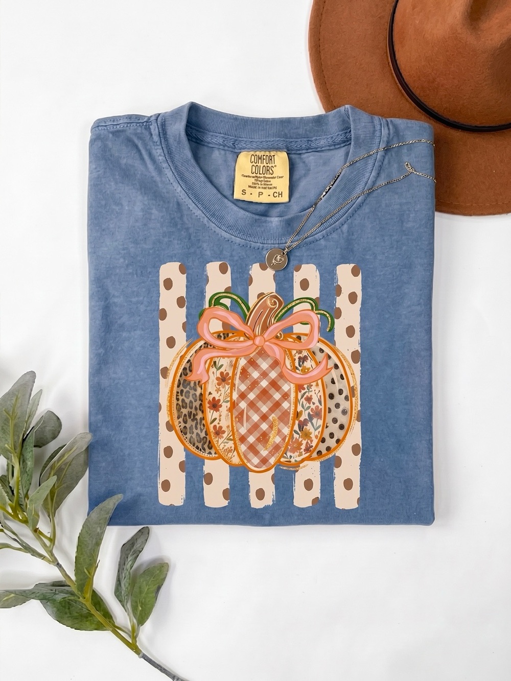 Cute Fall Pumpkin Patch Pink Bow Blue Comfort Colors T-Shirt